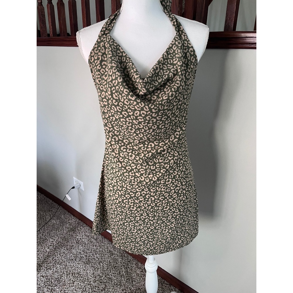 Amable Women Green Leopard Print Cowl Neck Halter Mini Dress AD2159 Small